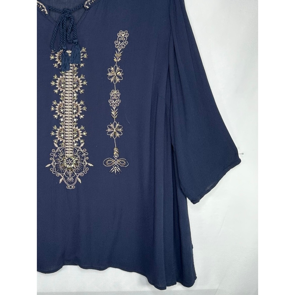Catherines Womens Navy Embroidered Tassel Tie Peasant Blouse 3/4 Sleeve Sz 3X - Picture 6 of 7